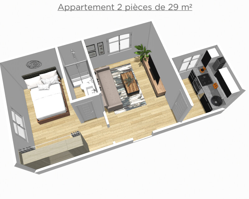 Appartement 2 pièces de 29 m²  - Plan 3D non contractuel